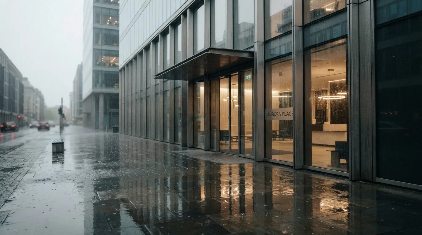 Eine Fassade aus Glas und Stahl am Eingang eines Bürogebäudes im Regen, auf dem nassen Boden spiegelt sich das Licht.