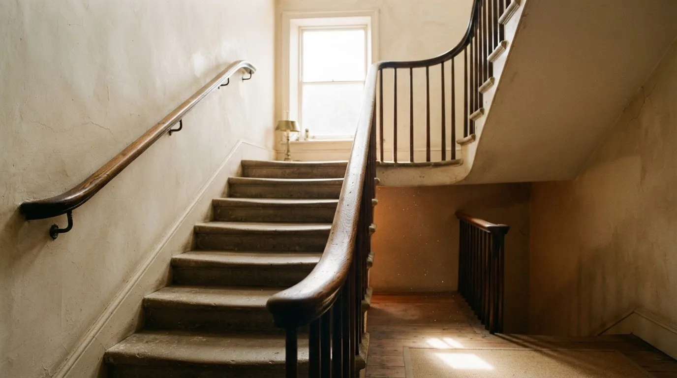 Ein Holzgeländer an einer Treppe in einem Altbau, durch ein Fenster fällt Licht auf die abgetretenen Stufen.
