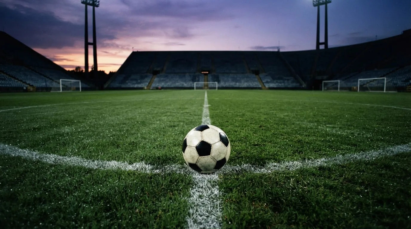 Ein Fussball liegt auf dem Mittelkreis eines leeren Rasenplatzes, dahinter ragen leere Tribünenreihen in den Abendhimmel.