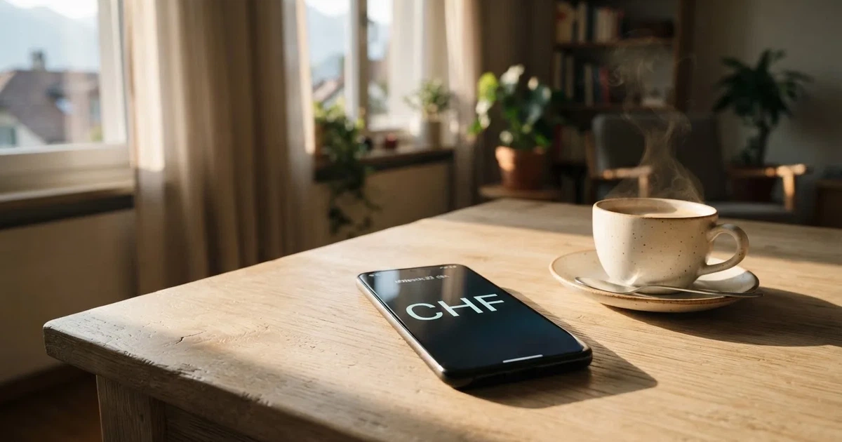 Ein Smartphone mit dunklem Display liegt auf einem hellen Holztisch neben einer Kaffeetasse, Morgenlicht fällt schräg durch ein Fenster.
