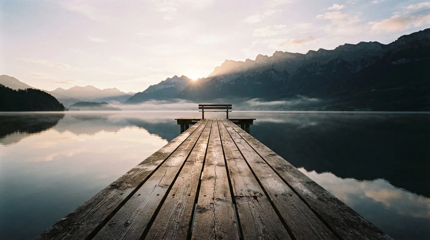 Ein Holzsteg führt über einen stillen Bergsee in den Alpen, über dem Wasser hängen bei Sonnenaufgang einzelne Nebelschwaden.