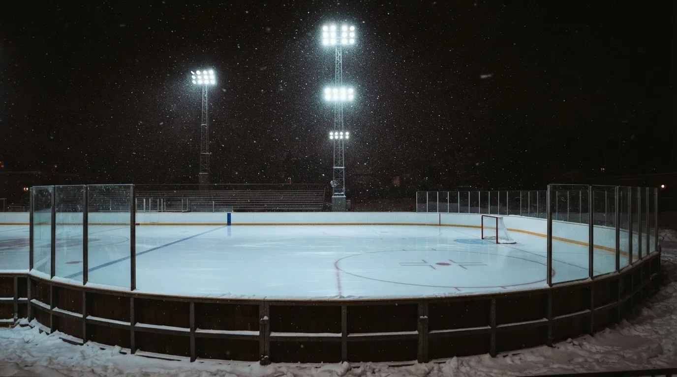 Eine Eishockeybahn liegt unter Flutlicht aus der Ferne betrachtet, leichter Schneefall treibt durch den Lichtkegel über dem Eis.