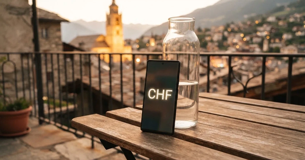 Ein Smartphone mit dunklem Display lehnt an einer Glasflasche auf einem Balkontisch, dahinter liegt eine Altstadt in der Abendsonne.