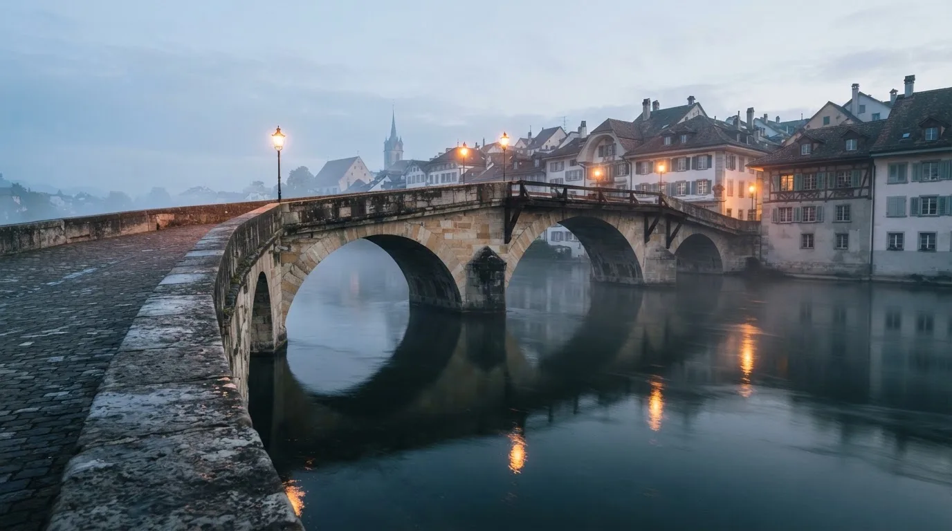 Eine steinerne Bogenbrücke überspannt am frühen Morgen einen Fluss in einer Altstadt, auf dem Wasser liegt dünner Nebel.