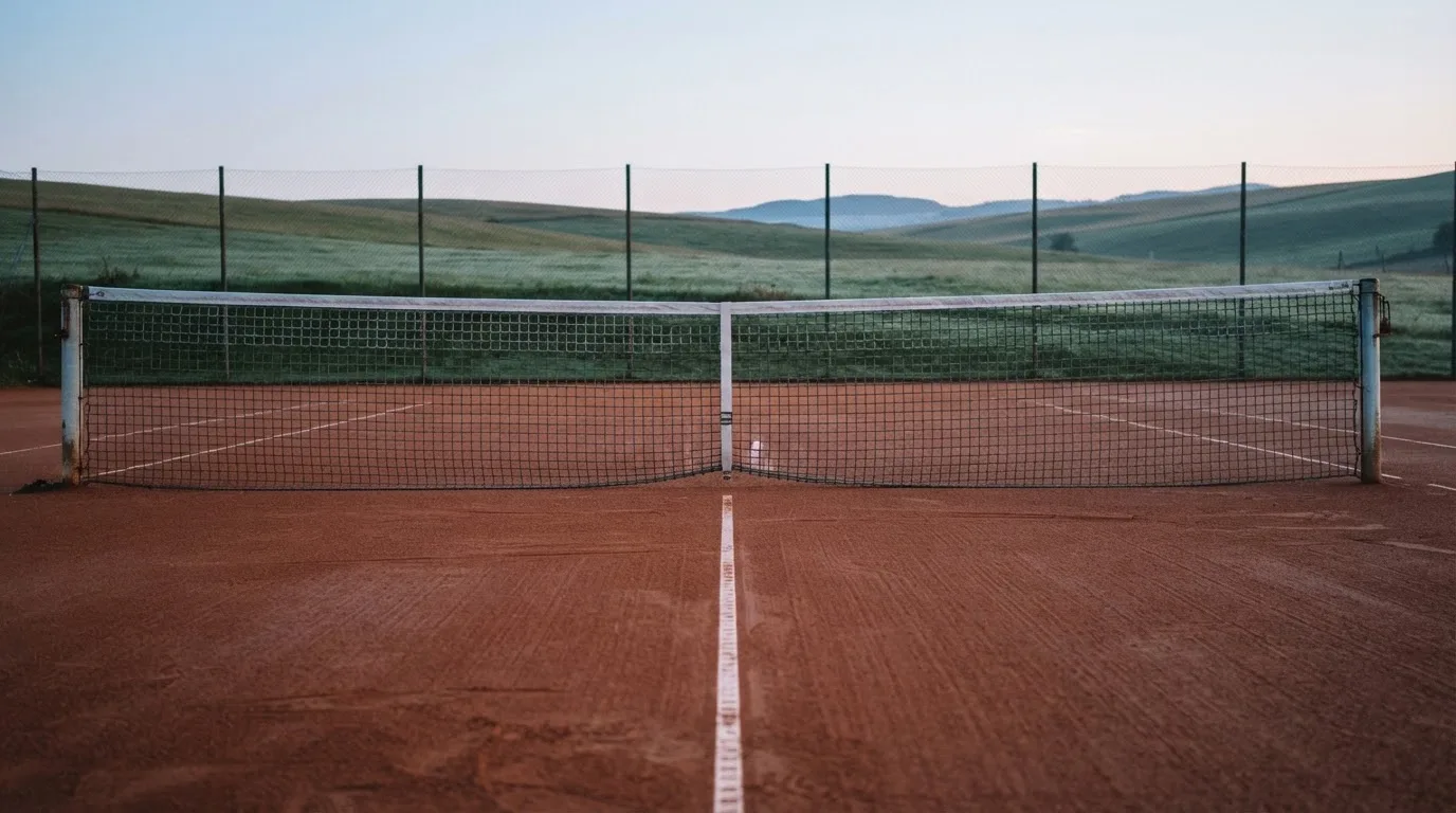 Ein Sandplatz für Tennis liegt bei Morgengrauen leer da, Tau glänzt auf dem Netz, hinter dem Zaun steigen Wiesen an.