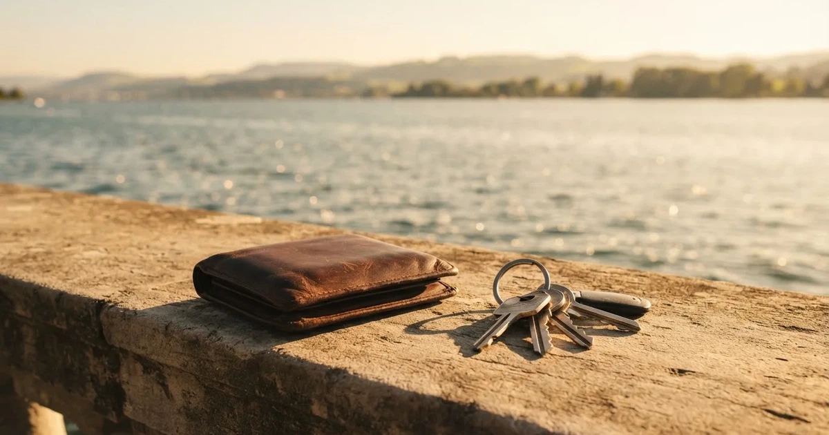 Eine Lederbörse und ein Schlüsselbund liegen auf der Steinbrüstung einer Seepromenade, dahinter glitzert der See im späten Nachmittagslicht.
