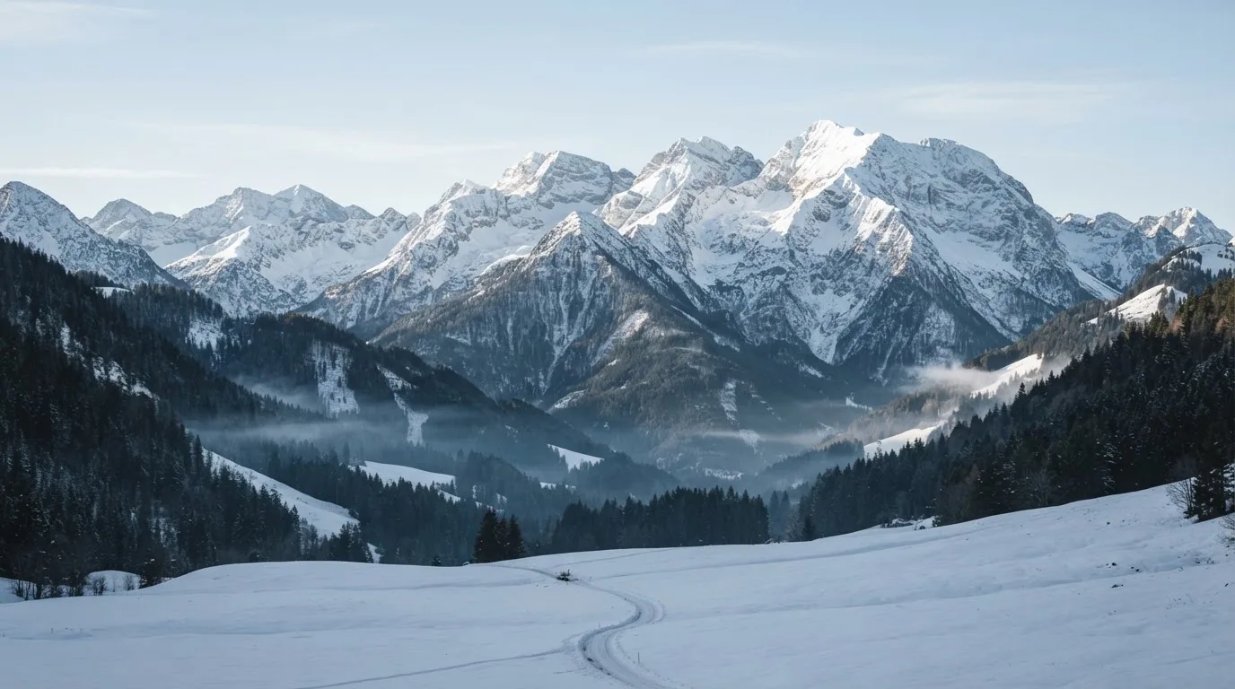 Eine verschneite Bergkette erhebt sich über einem stillen Tal, der Himmel darüber ist klar und von blassem Blau.