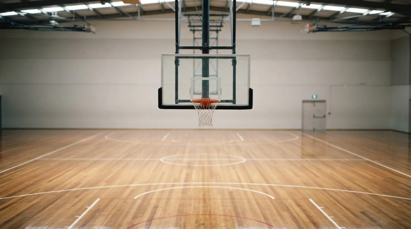 Ein Basketballkorb hängt in einer leeren Halle über einem Holzparkett, von der Decke fällt gleichmässiges Licht auf den Boden.