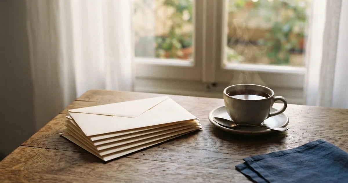 Ein Stapel schlichter Briefumschläge liegt auf einem Küchentisch neben einer Tasse Tee, durch das Fenster fällt Morgenlicht.