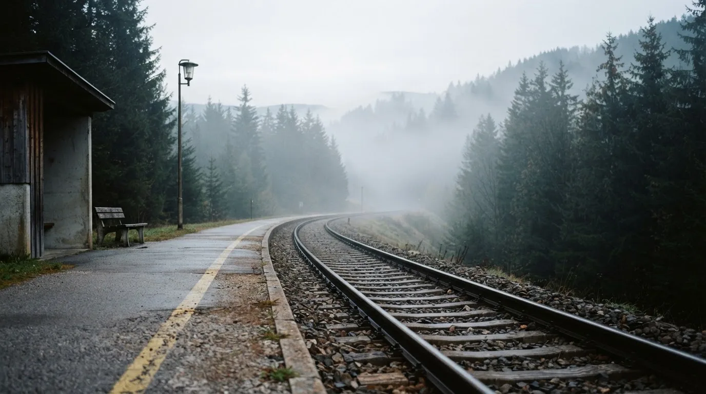 Ein leerer Bahnsteig in den Bergen mit zwei Gleisen, über den Schienen hängt Morgennebel und dahinter ragen dunkle Tannen auf.