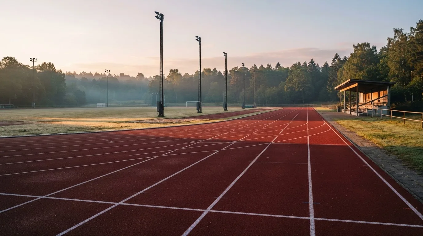Eine leere Laufbahn mit weissen Bahnlinien liegt im Morgenlicht, rundherum stehen hohe Flutlichtmasten und ein Waldrand.
