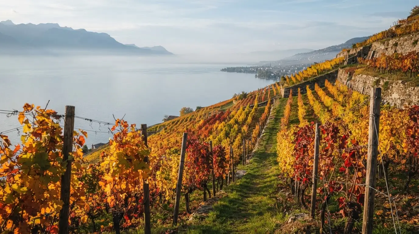 Rebzeilen ziehen sich im Herbstlicht einen Hang über einem See hinunter, die Blätter leuchten gelb und rot.