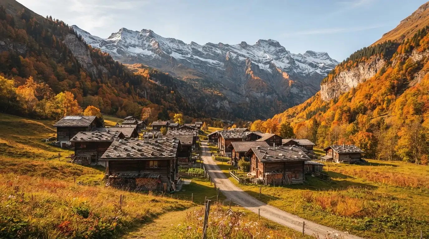 Ein kleines Dorf mit Holzhäusern liegt im Herbst in einem Tal, darüber ragen bewaldete Hänge und ein Bergkamm auf.