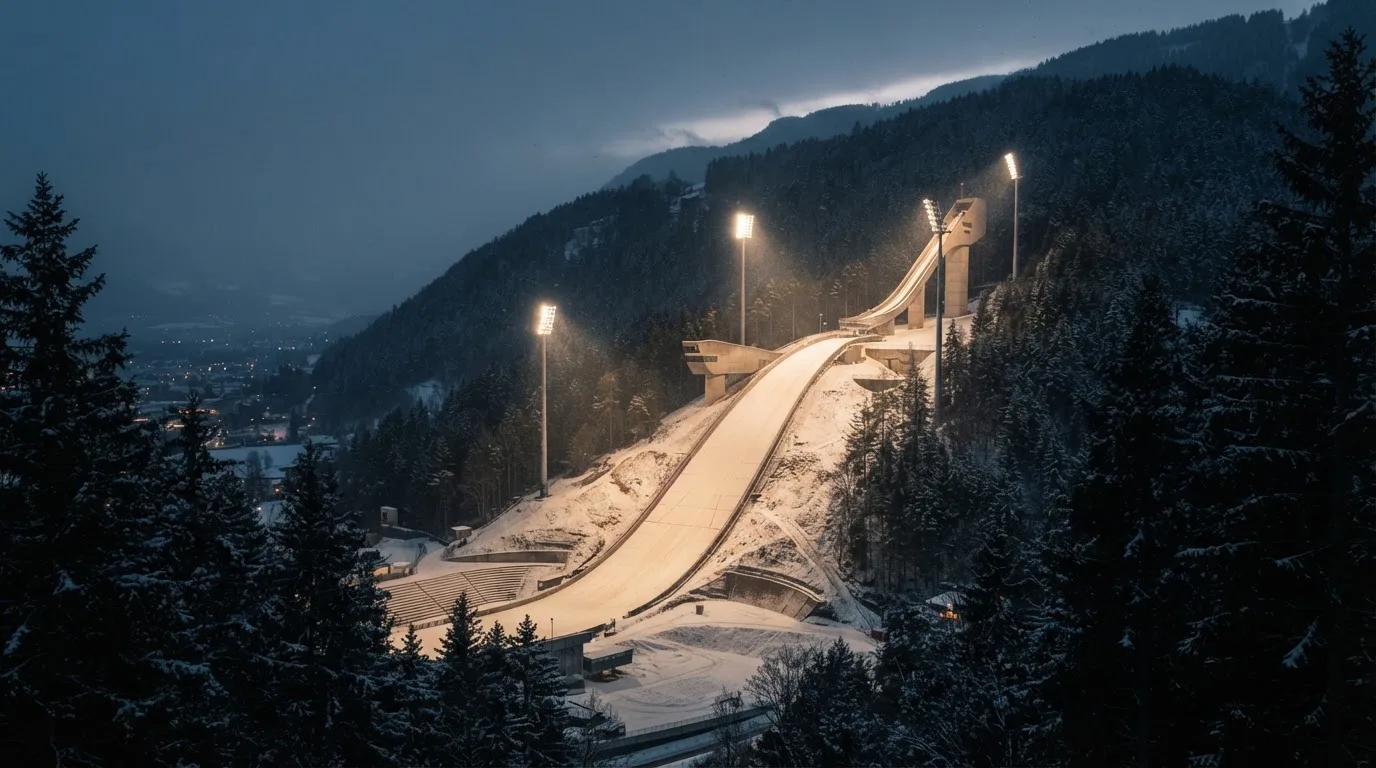 Eine Skisprungschanze steht am Abend im Flutlicht, aus der Ferne betrachtet, umgeben von dunklem Tannenwald und leichtem Schnee.