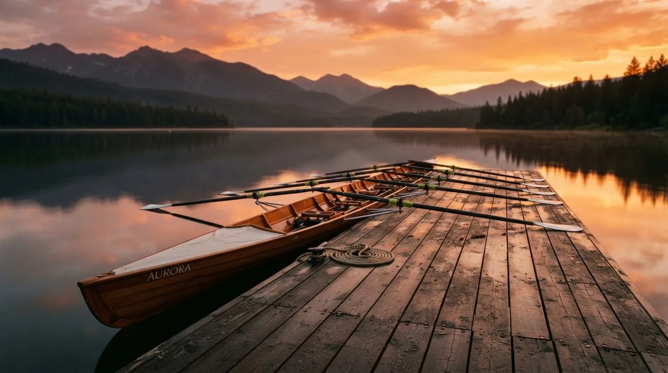 Ein leerer Ruder-Achter liegt bei Sonnenaufgang am Steg eines Sees, das Wasser ist spiegelglatt und der Himmel orange.