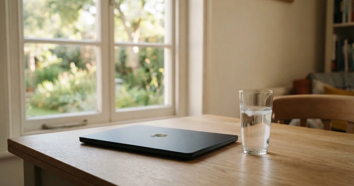 Ein geschlossener Laptop steht auf einem Küchentisch neben einem Wasserglas, durch das Fenster dahinter fällt weiches Tageslicht.