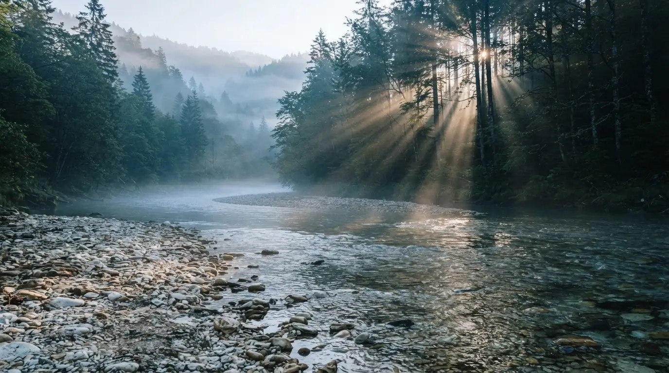Ein Fluss mit breiter Kiesbank fliesst durch einen Wald, über dem Wasser hängt früher Nebel und Sonnenstrahlen brechen durch.