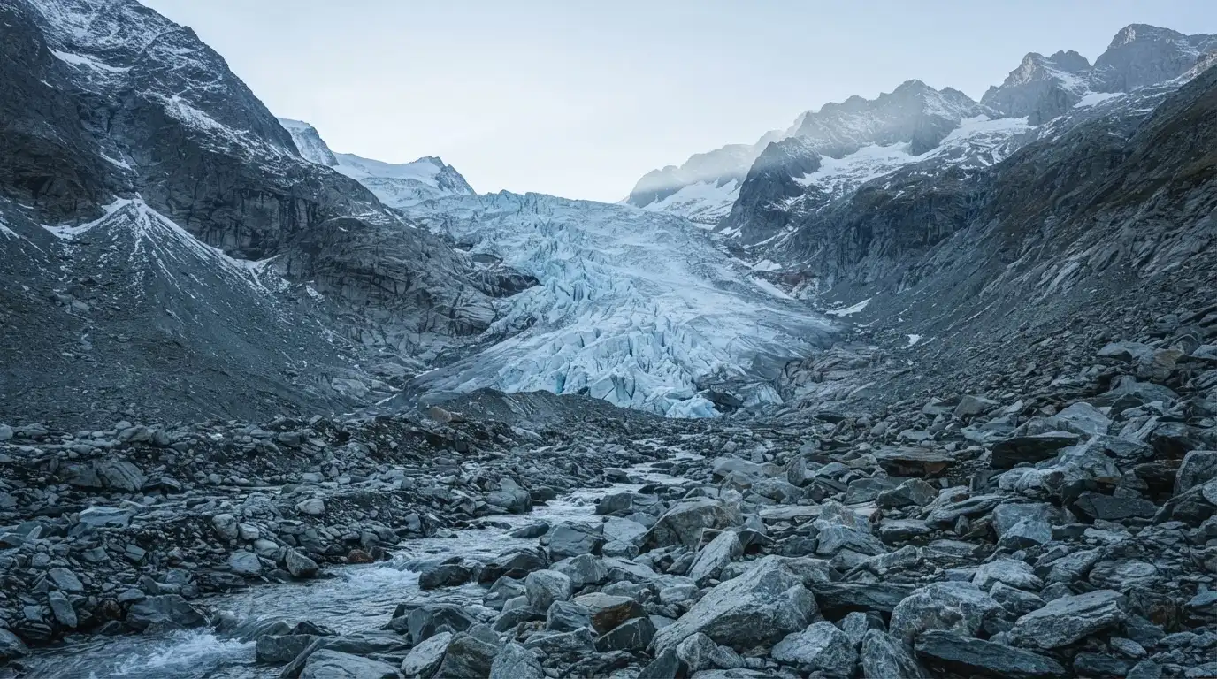 Ein Gletscher schiebt sich zwischen steile Felswände, im Vordergrund liegen Geröll und ein schmaler Bach in kaltem Licht.