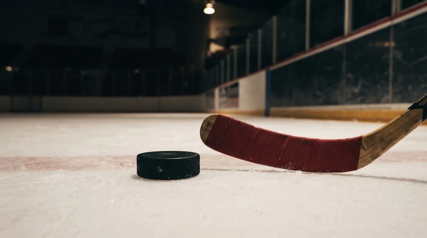 Ein Eishockeypuck liegt auf der Eisfläche neben dem Blatt eines Schlägers, die Bande dahinter ist im Dunkeln nur schwach zu erkennen.
