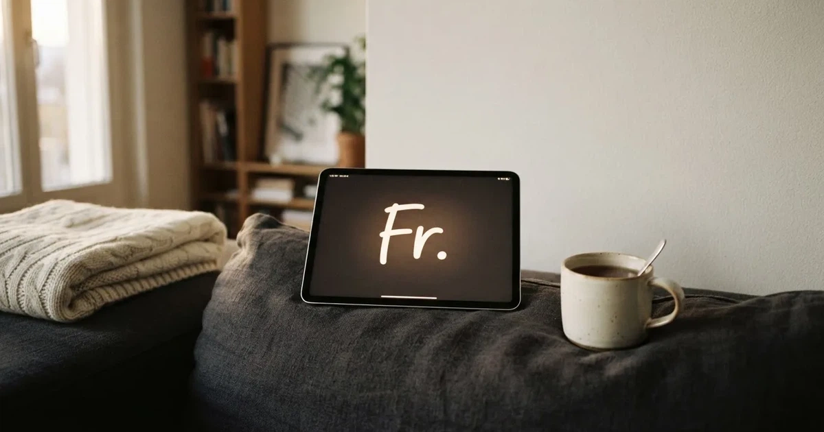 Ein Tablet mit schwarzem Display liegt auf einem Sofakissen, daneben ein Becher mit Tee, vom Fenster her fällt Abendlicht.