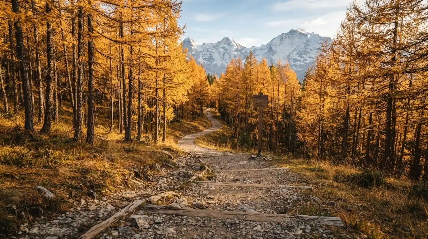 Ein Wanderweg schlängelt sich durch einen goldgelben Lärchenwald, in der Ferne sind schneebedeckte Berge zu sehen.