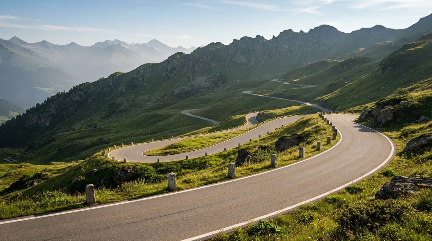 Eine leere Passstrasse mit Serpentinen windet sich im Morgenlicht einen Berg hinauf, am Rand stehen niedrige Steinpfosten.