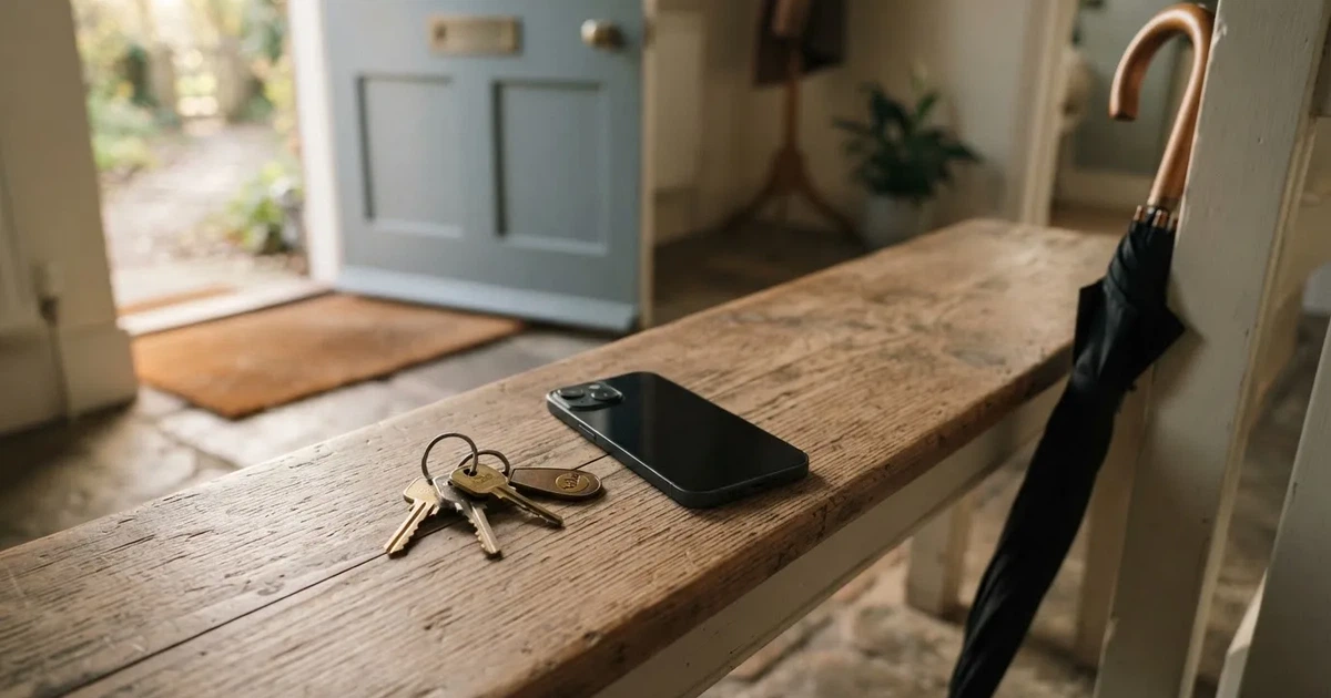Ein Schlüsselbund und ein Smartphone mit dunklem Display liegen auf einer Holzbank in einem Hauseingang, daneben ein Regenschirm.