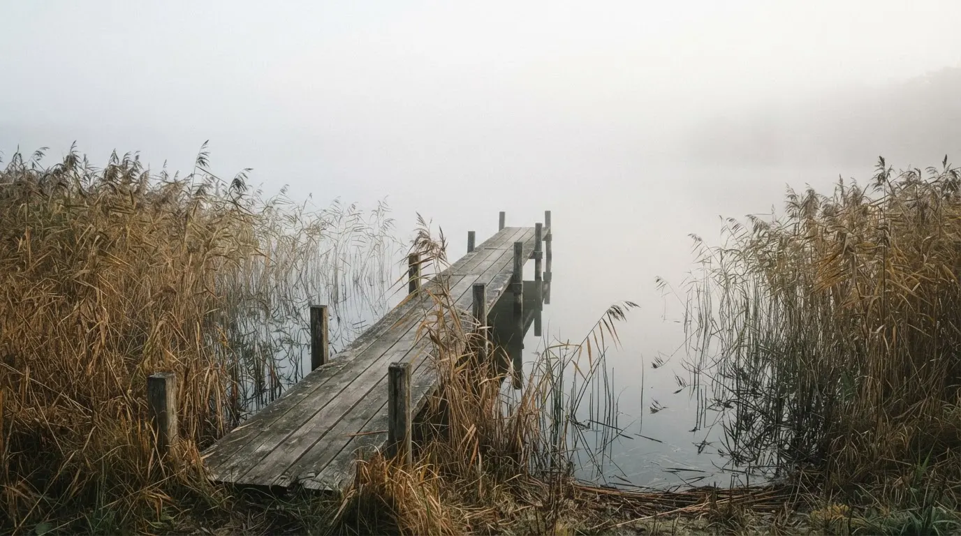 Ein Seeufer mit Schilf und einem schmalen Holzsteg liegt im Nebel, das Wasser ist ruhig und das andere Ufer kaum sichtbar.