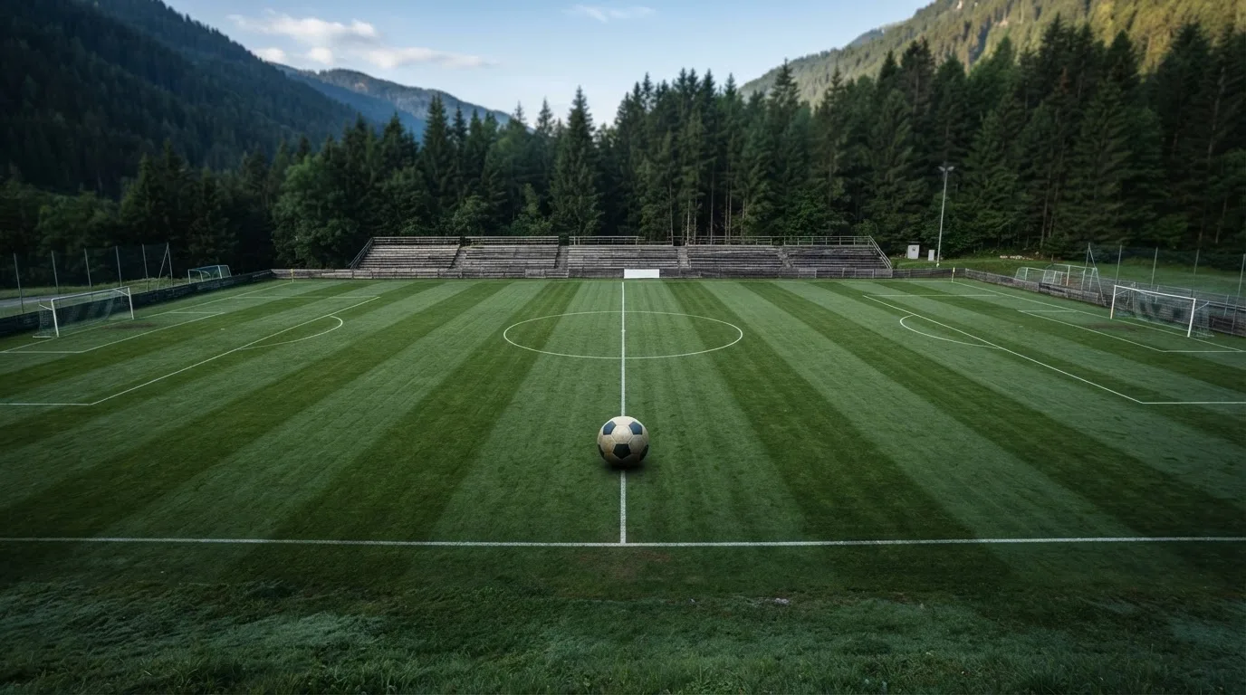 Ein Rasenplatz mit Spielfeldlinien ist von oben gesehen, ein einzelner Ball liegt in der Mitte, rundherum stehen leere Tribünen und Tannenwald.