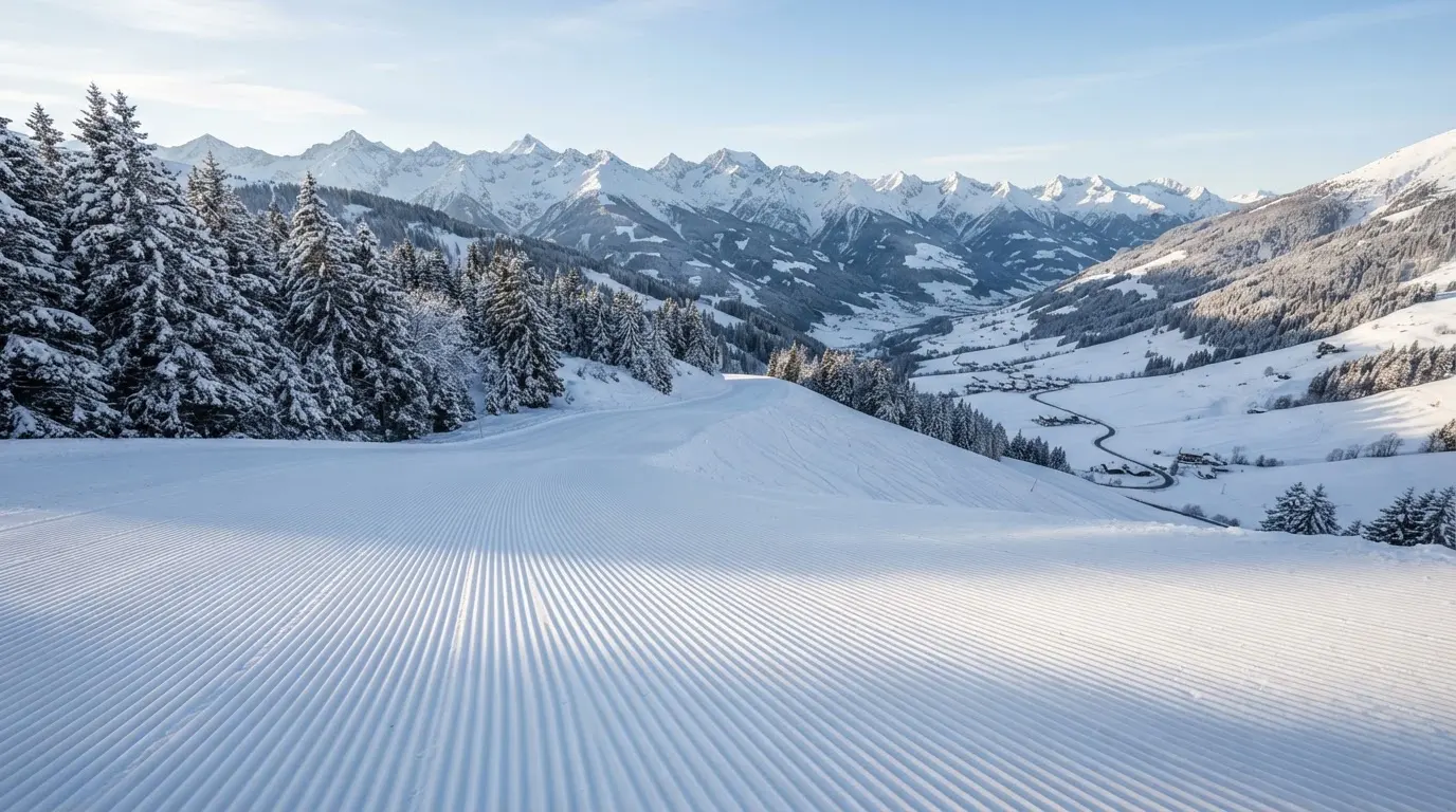 Eine frisch präparierte Skipiste liegt im Morgenlicht leer da, am Rand stehen verschneite Tannen und im Hintergrund Gipfel.