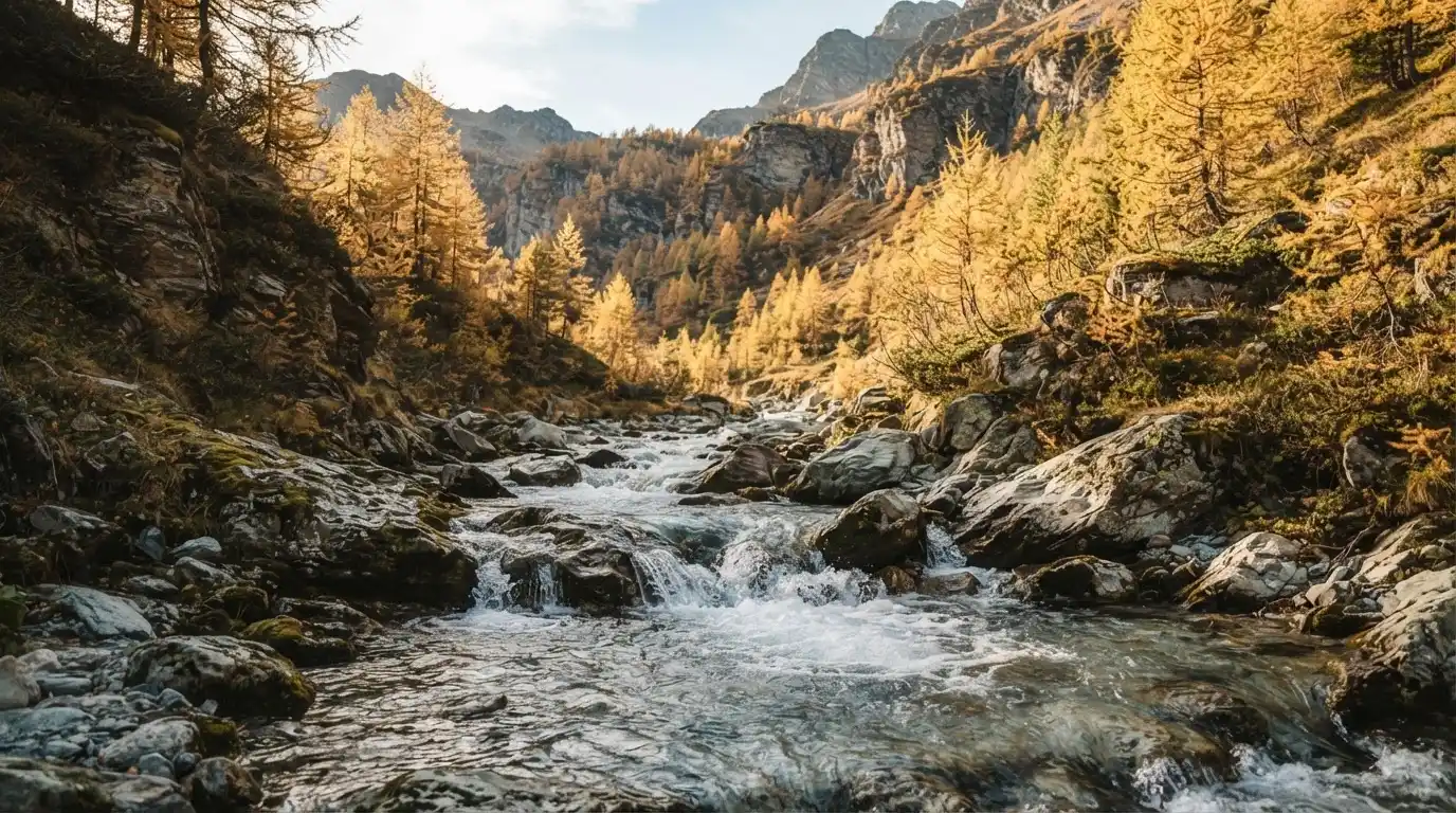 Ein Bergbach fliesst über glatte Steine durch ein enges Tal, an den Hängen leuchten Lärchen in gelbem Herbstlicht.