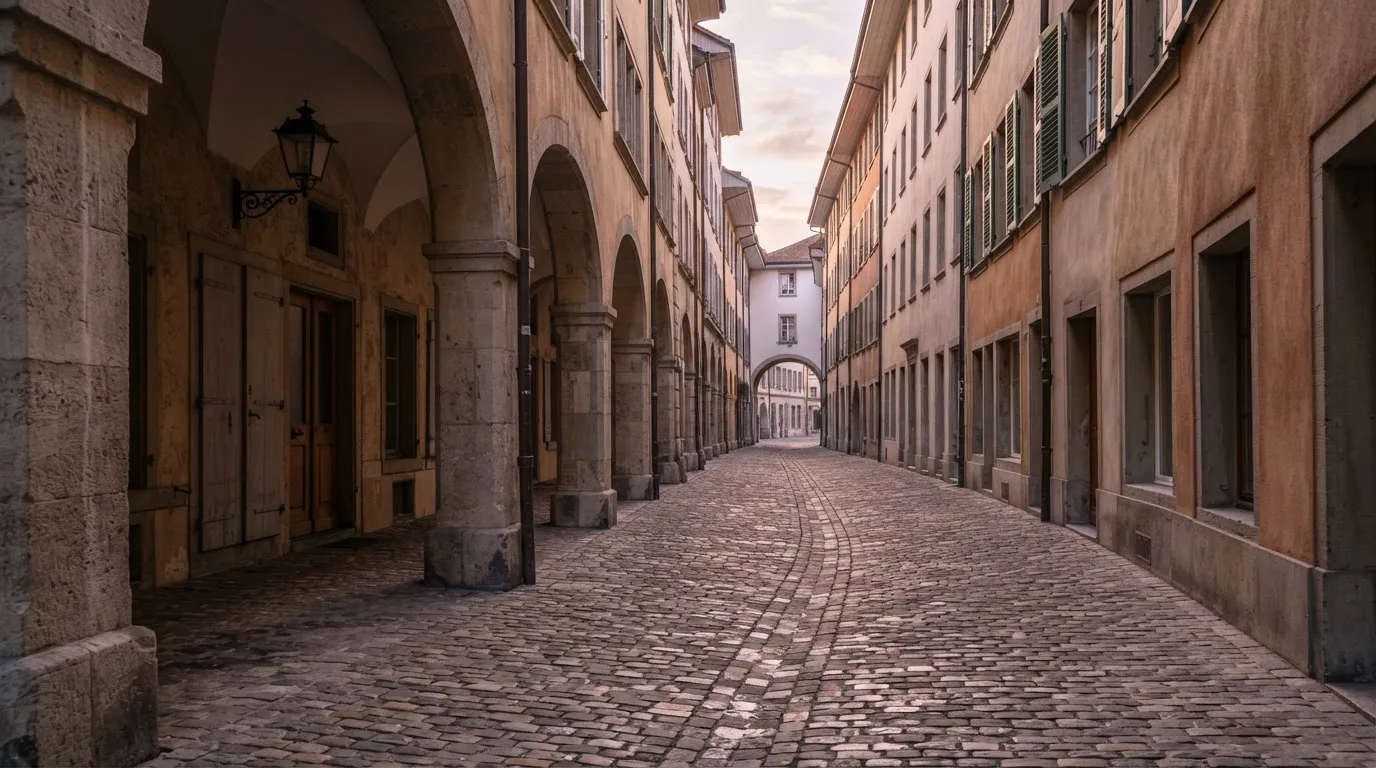 Eine kopfsteingepflasterte Gasse mit Arkaden in einer Schweizer Altstadt im frühen Morgenlicht, niemand ist unterwegs.