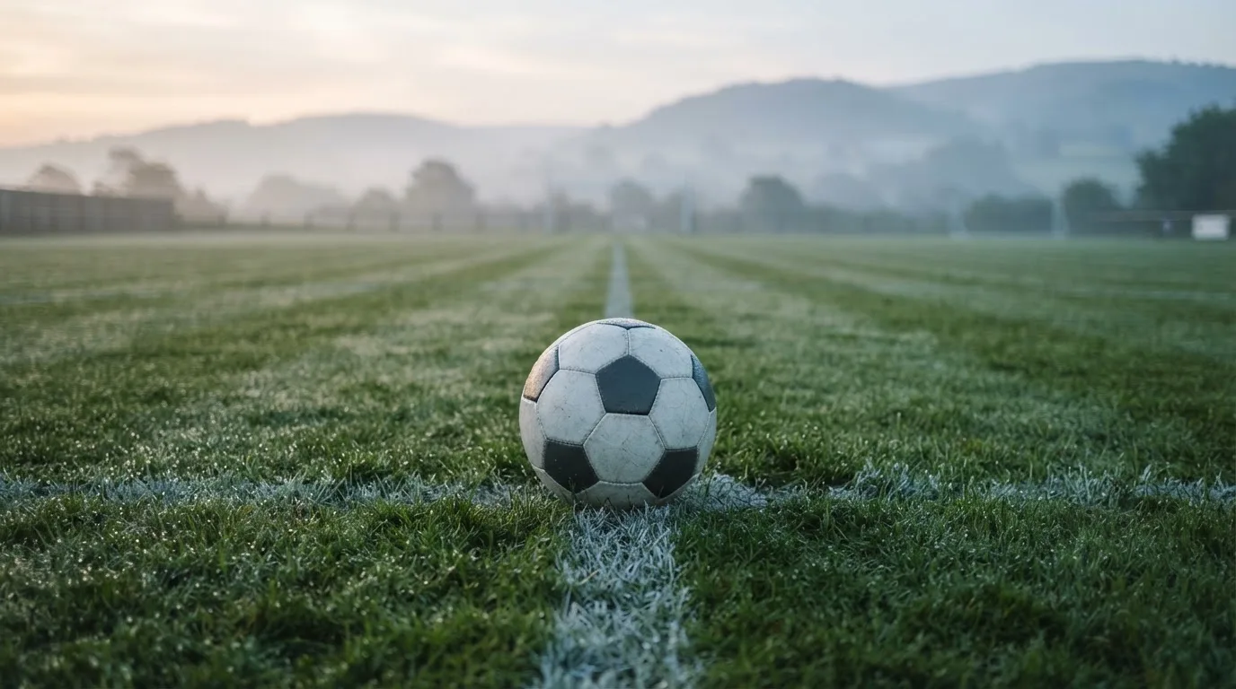 Ein Fussball liegt am frühen Morgen auf dem Anstosspunkt eines taunassen Rasens, im Hintergrund erheben sich Hügel im Dunst.