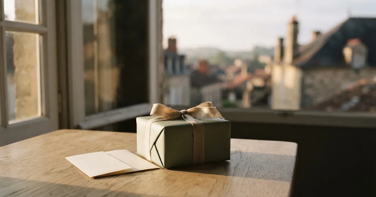 Eine kleine Geschenkschachtel mit schlichtem Band steht auf einem hellen Holztisch neben einem Fenster mit Morgenlicht.