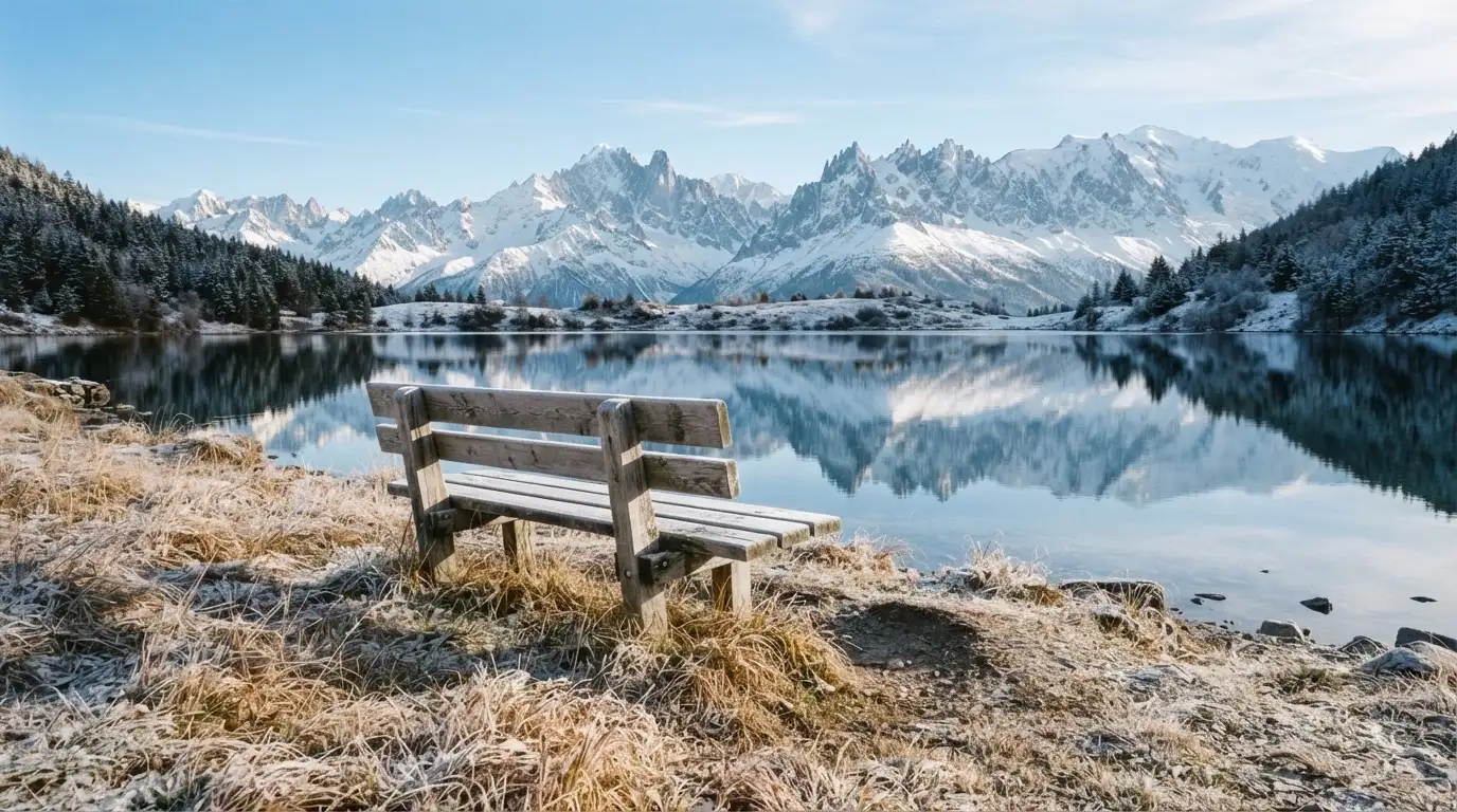 Eine Bank an einem Bergsee, dahinter schneebedeckte Gipfel im klaren Licht eines Wintermorgens.