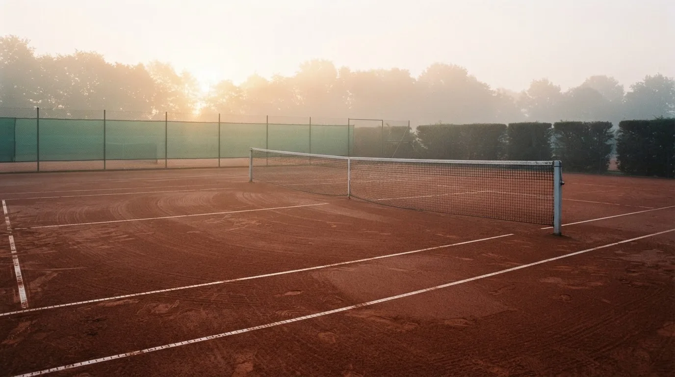 Ein Tennisplatz im Morgengrauen mit gespanntem Netz und feinem Dunst über der roten Asche.