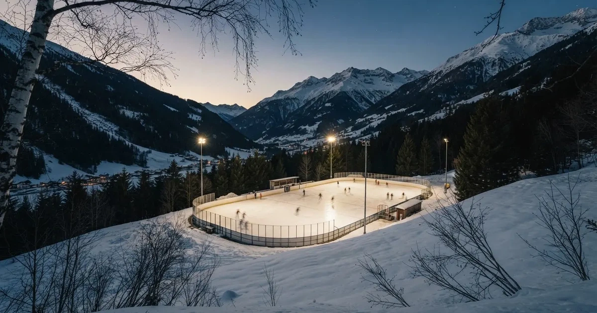 Eine Eisfläche unter Flutlicht in der Winterdämmerung, aus grosser Distanz von einem verschneiten Hang aus gesehen.