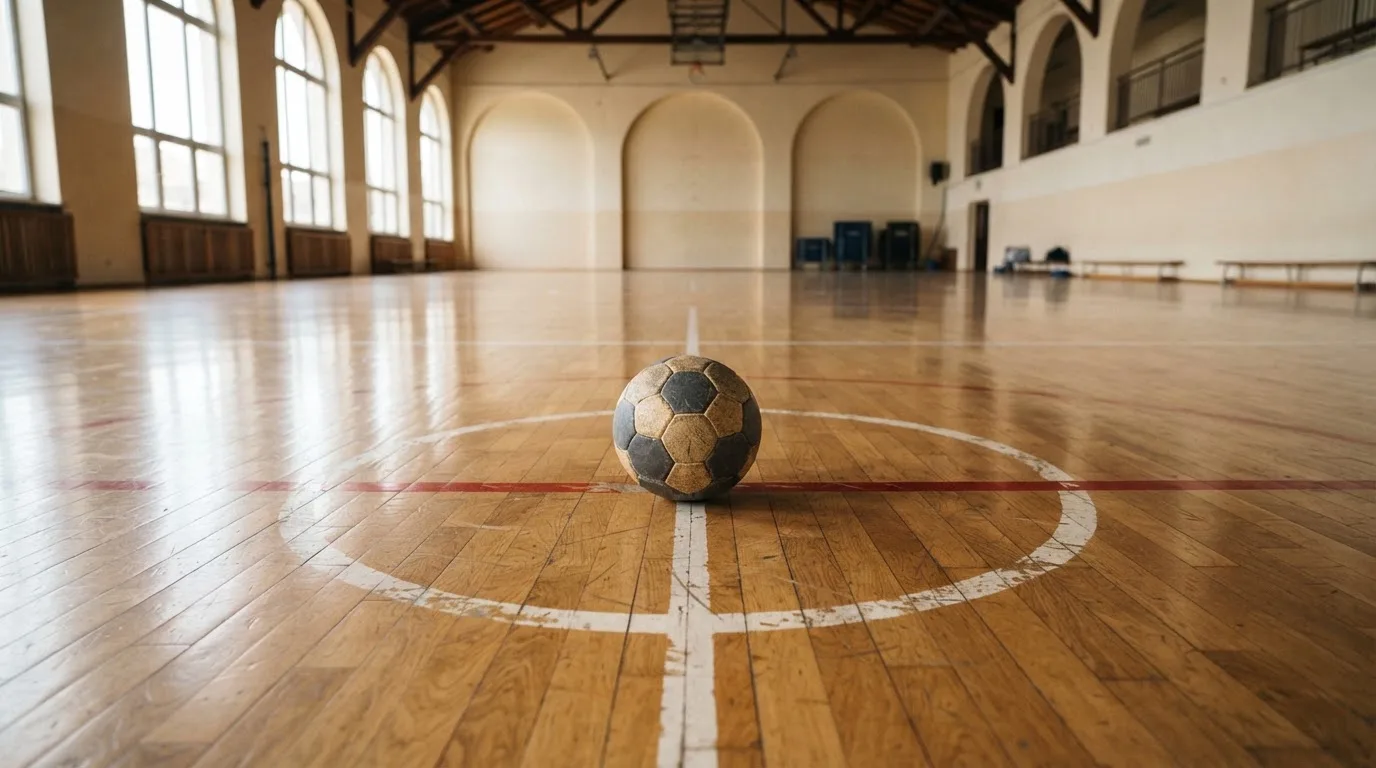 Der Boden einer Sporthalle aus poliertem Parkett mit einem einzelnen Handball in der Mitte, Licht fällt durch hohe Fenster.
