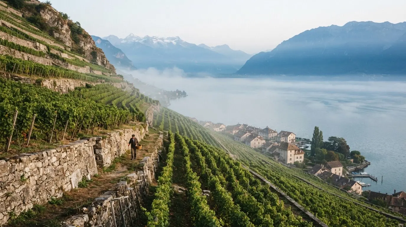 Terrassierte Weinberge über einem See im Morgendunst, am Ufer liegt ein kleines Dorf.