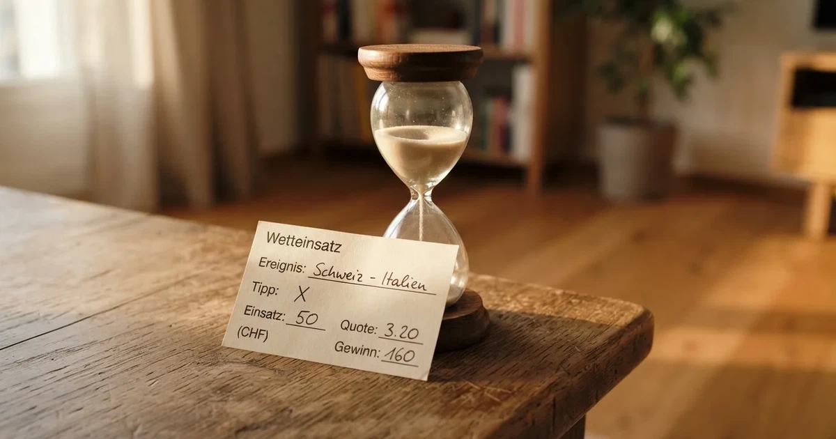 Ein kleiner Stapel Münzen neben einer Sanduhr auf einem Holztisch im weichen Fensterlicht.
