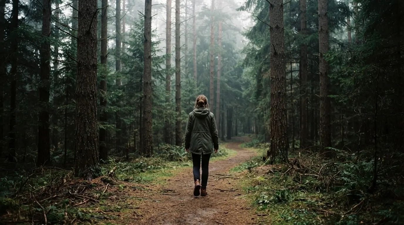 Eine Person von hinten auf einem Waldweg, die langsam zwischen hohen Tannen geht.
