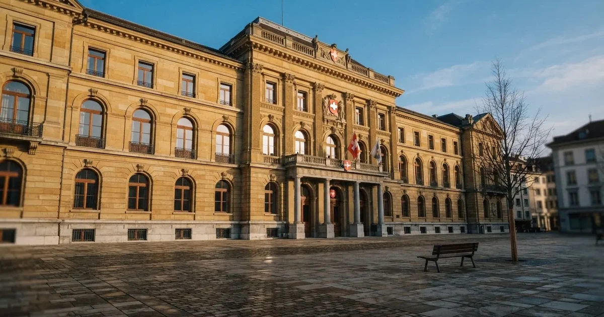 Die Fassade eines Sandsteingebäudes mit hohen Fenstern im weichen Licht des Vormittags, davor ein leerer Platz.