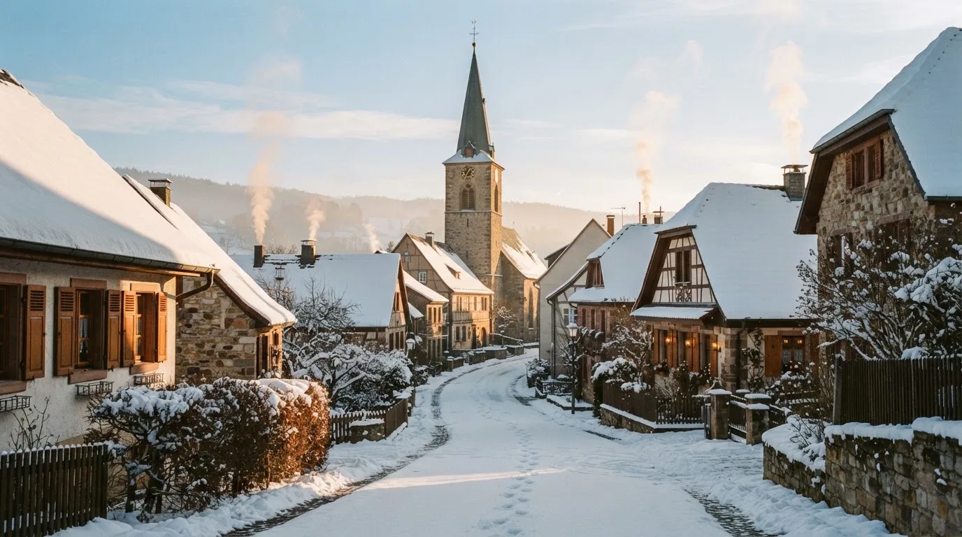 Eine verschneite Dorfstrasse mit Kirchturm im Hintergrund, Rauch steigt aus den Kaminen.
