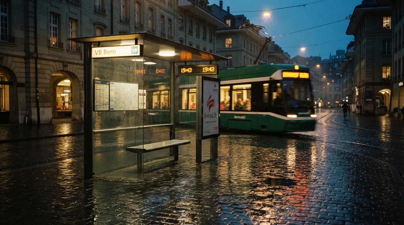 Eine Tramhaltestelle in einer Schweizer Stadt bei Regen, nasses Pflaster spiegelt das Licht.
