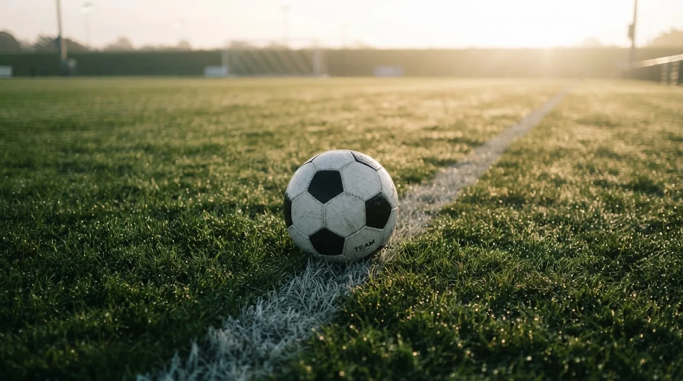 Ein Fussball ruht an der Seitenlinie im taufeuchten Gras, die ersten Sonnenstrahlen fallen schräg über den Platz.