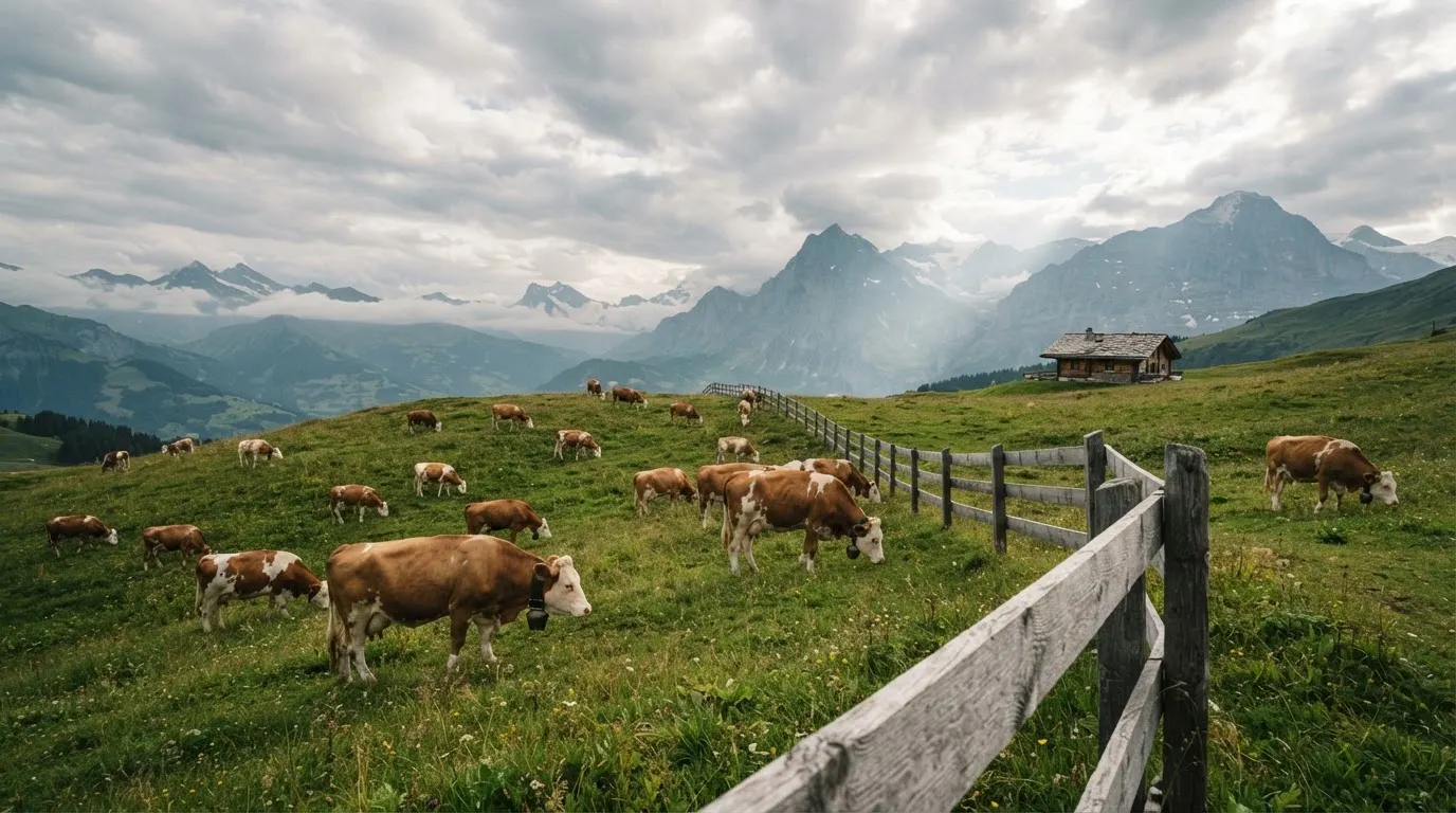 Eine Alpwiese mit weidenden Kühen und einem Holzzaun unter wolkigem Himmel.