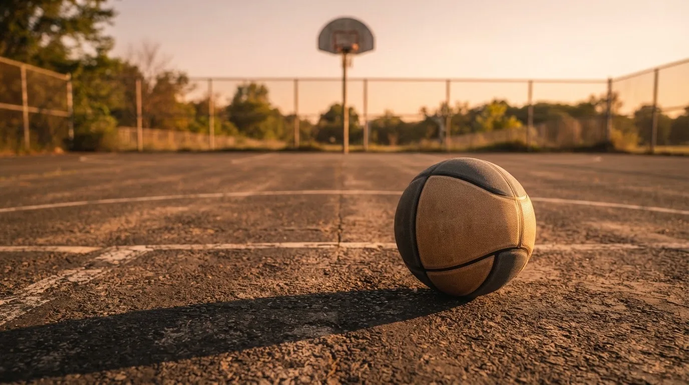 Ein Basketball liegt bei Sonnenuntergang auf einem leeren Aussenplatz, lange Schatten fallen über den Boden.
