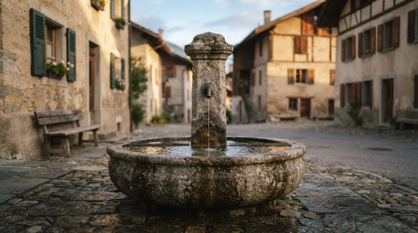 Ein Steinbrunnen auf einem stillen Dorfplatz im ersten Morgenlicht, Wasser fliesst ruhig in das Becken.