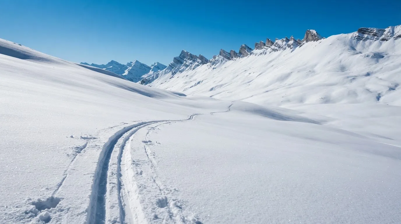 Skispuren im frischen Schnee an einem sonnigen Hang vor blauem Himmel.