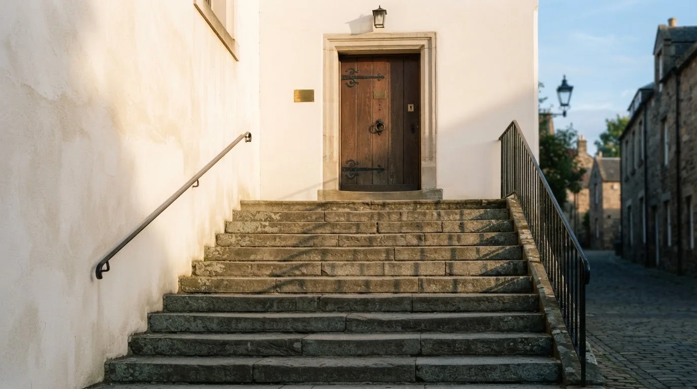 Eine Steintreppe führt zu einer schweren Eichentür in einer hellen Fassade, die Stufen liegen im Morgenschatten.